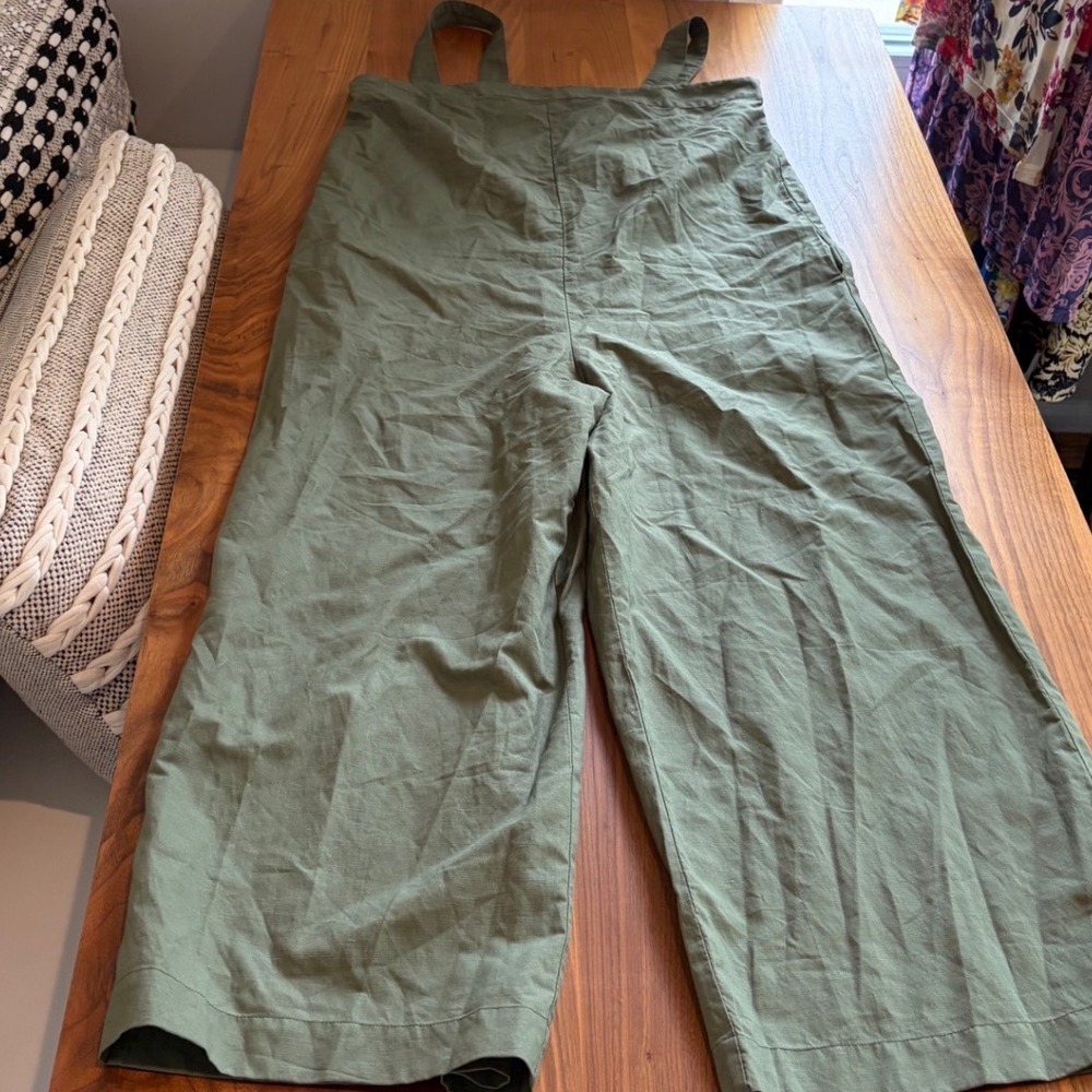 Uniqlo Linen Blend Jumpsuit Womens L Olive Green Wide Leg Minimalist Summer Boho - Picture 2 of 7